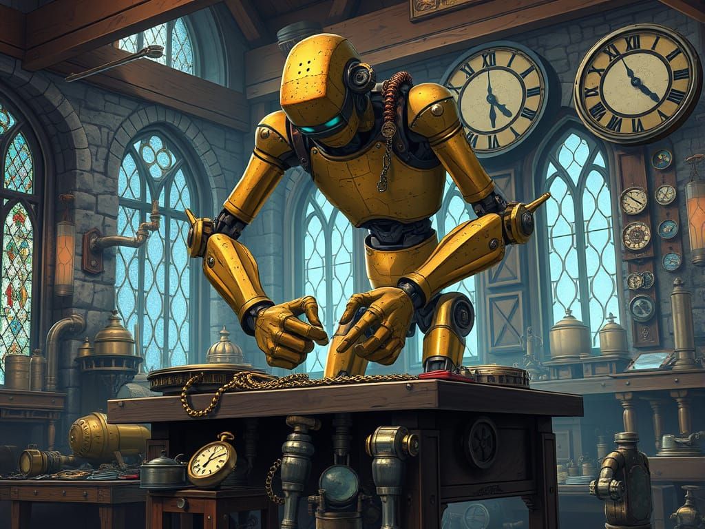 Brass Automaton Craftsman in Whimsical Workshop