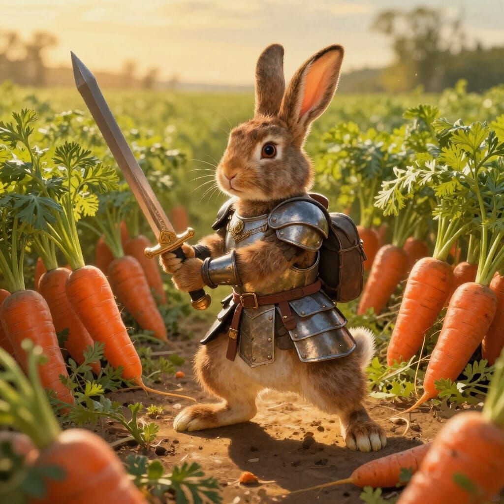 Brave Bunny Warrior Defends Carrot Field in Golden Hour
