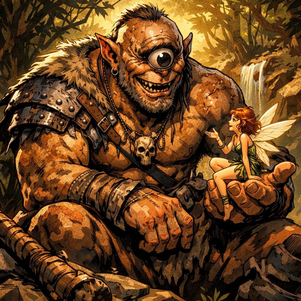 Cyclops and Fairy in Vibrant Fantasy Art Style