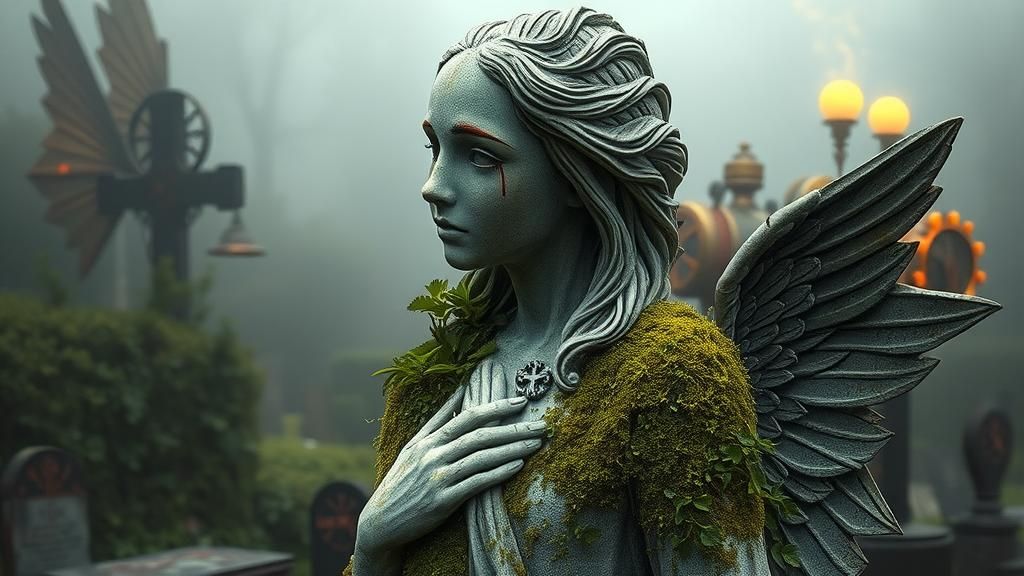 Mossy Angel Statue Weeping in Graveyard, Airbrushed Style