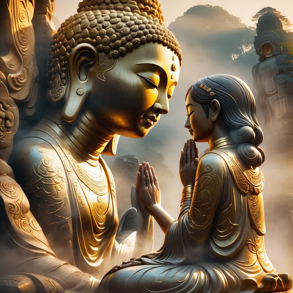 Woman Praying to Stone Buddha: Mystical Concept Art