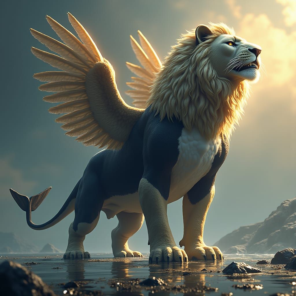 Majestic Lion-Whale-Eagle Hybrid in Matte Painting Style