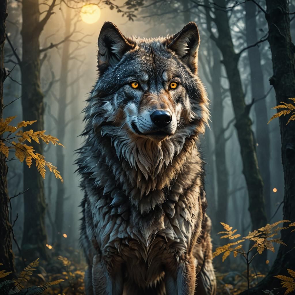 Majestic Wolf Portrait in Misty Forest
