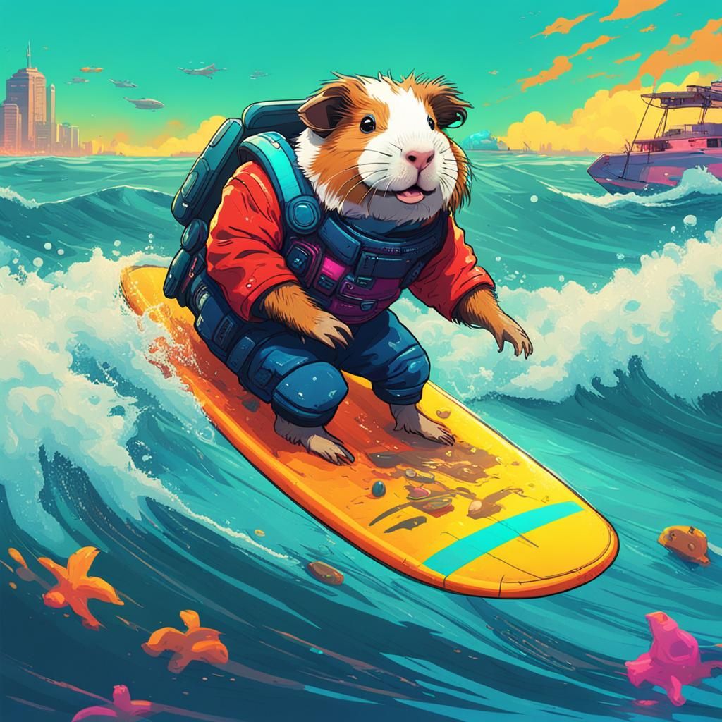 Guinea Pig Surfing in Cyberpunk Sea