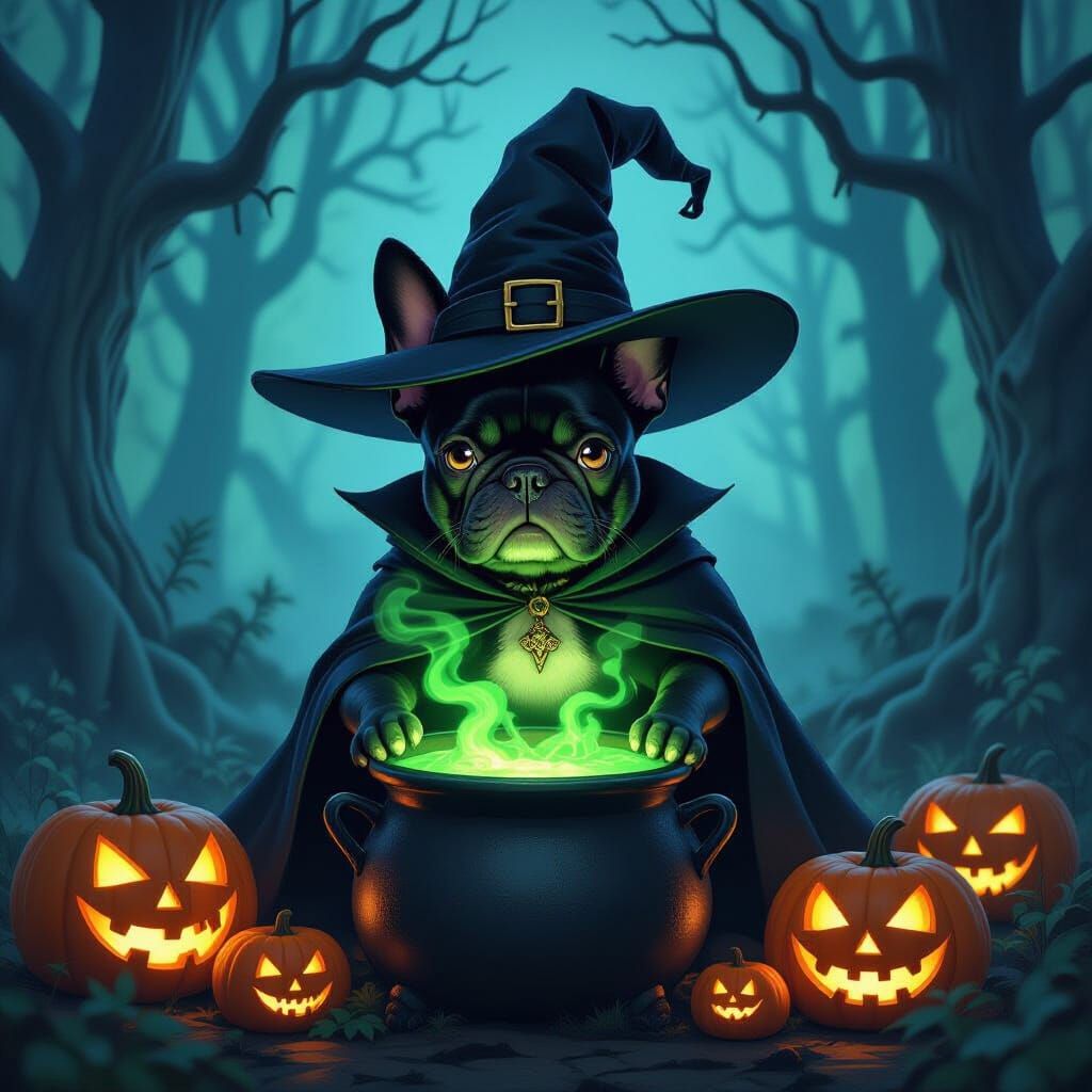 French Bulldog Witch with Glowing Pumpkins in Gothic Forest