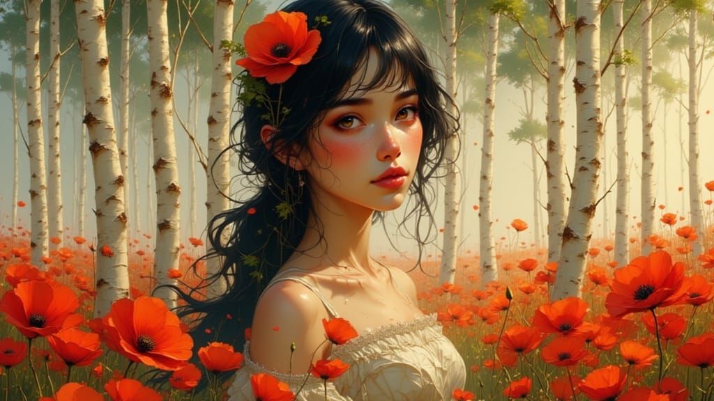 Woman in Poppy Field with Birch Grove