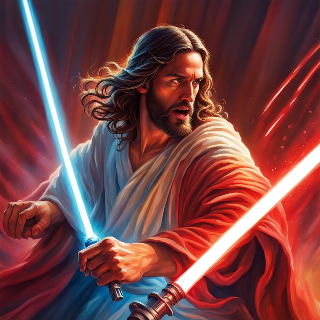 Jesus vs Devil Lightsaber Battle: Hyperrealistic Concept Art