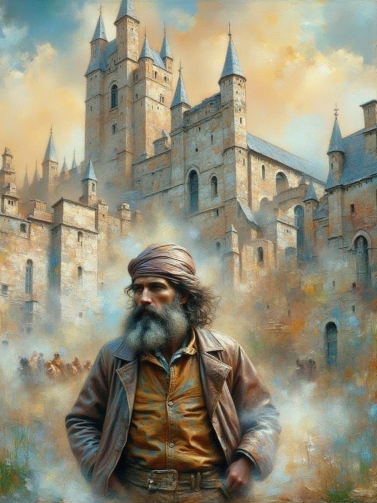 Golden-Lit Bearded Man in Urban Setting