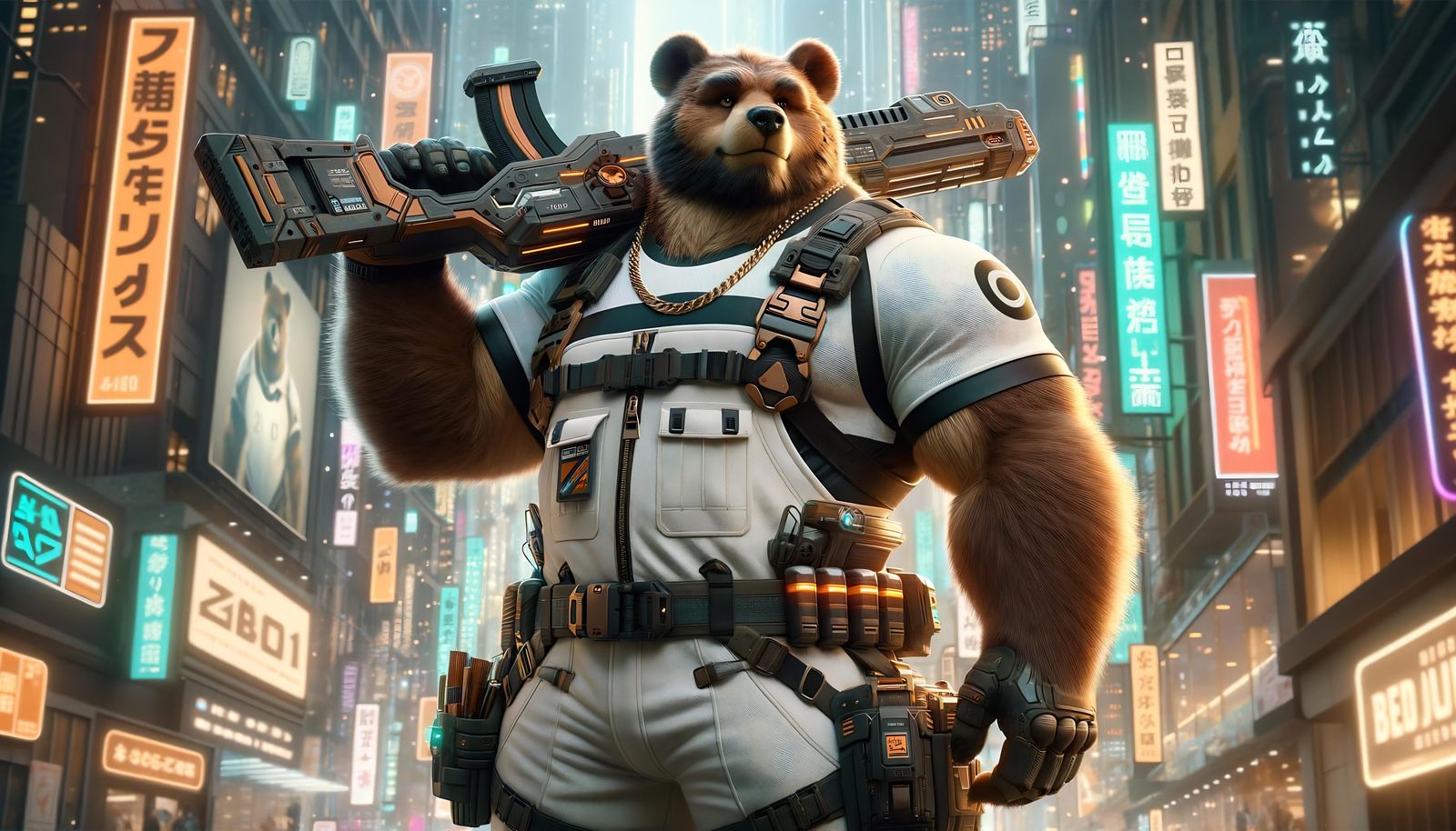 Futuristic Bear Character in Cyberpunk Cityscape