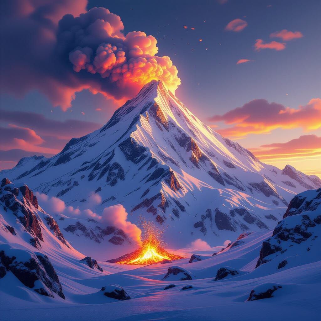 Ice and Fire: Mountain Peak Meets Volcano in Matte Painting