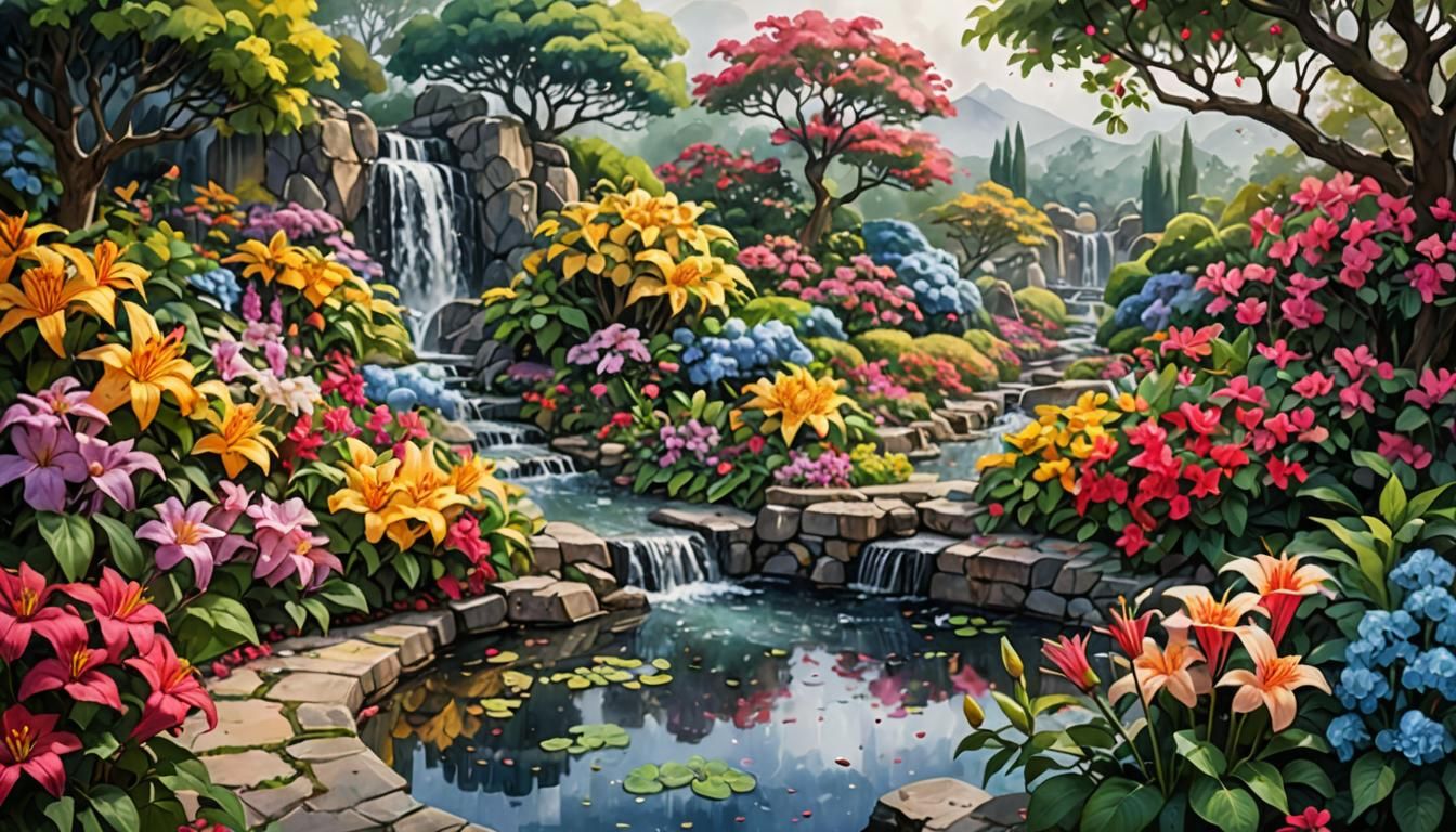 Lush Spring Garden After Rain in Watercolor Style