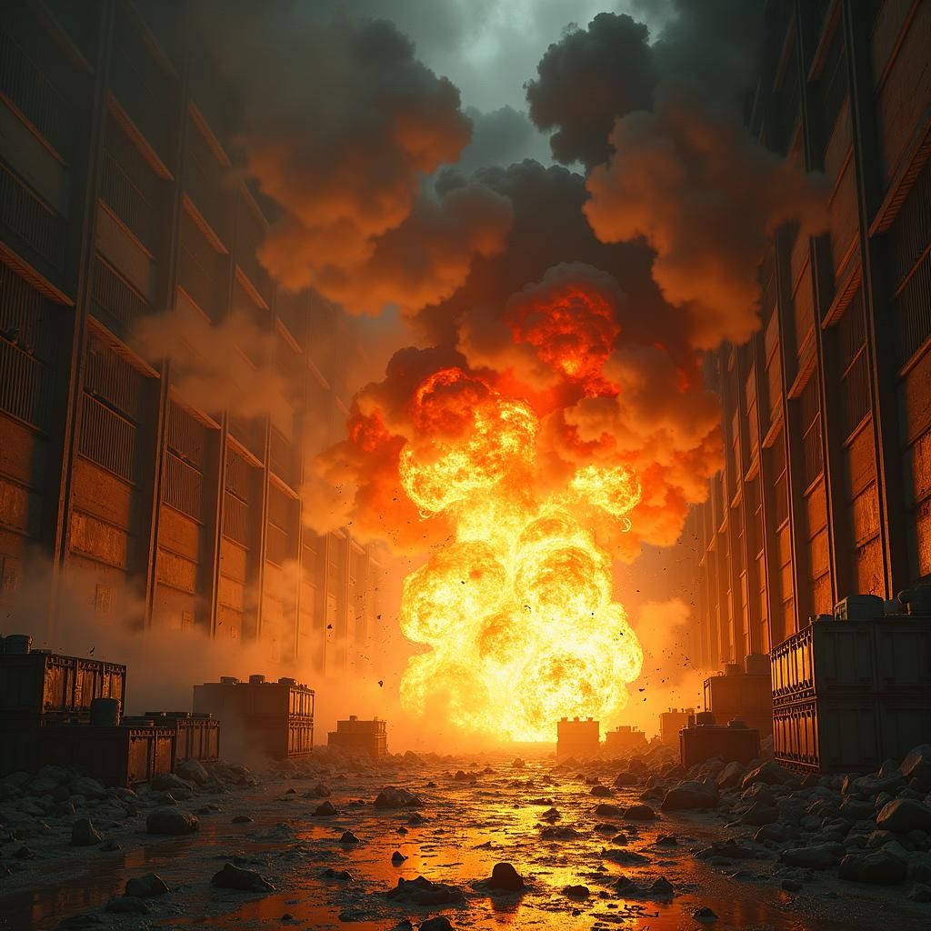 Explosive Warehouse Scene in Cinematic Style
