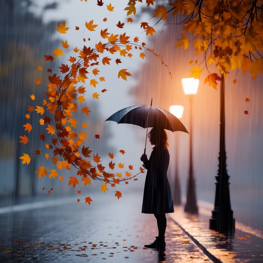 Autumnal Serenity: Golden Leaves in the Rain