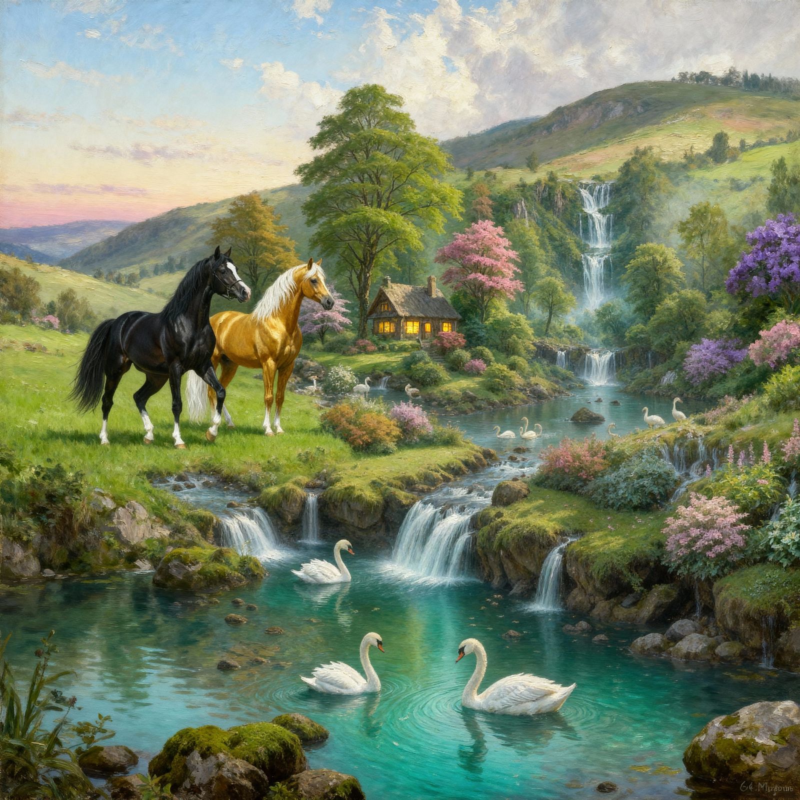 Majestic Horses and Swans in Realistic Oil Painting