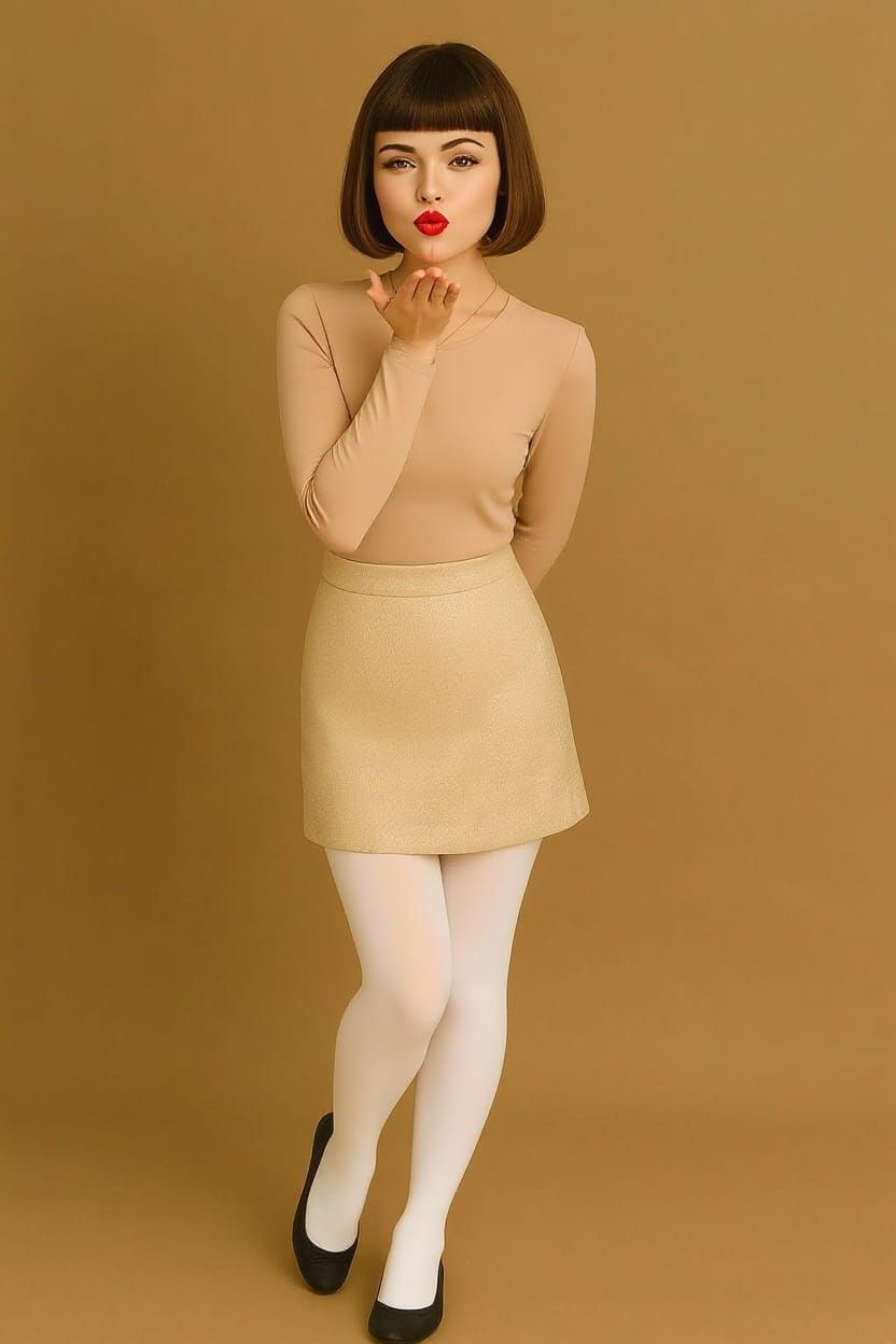 Alluring Woman Poses With White Tights and Black Flats