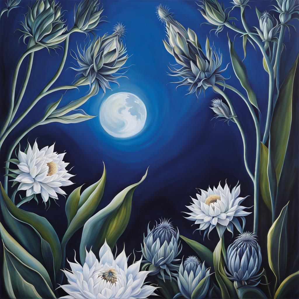 Metallic silver night-blooming cereus shining in the dark bl...