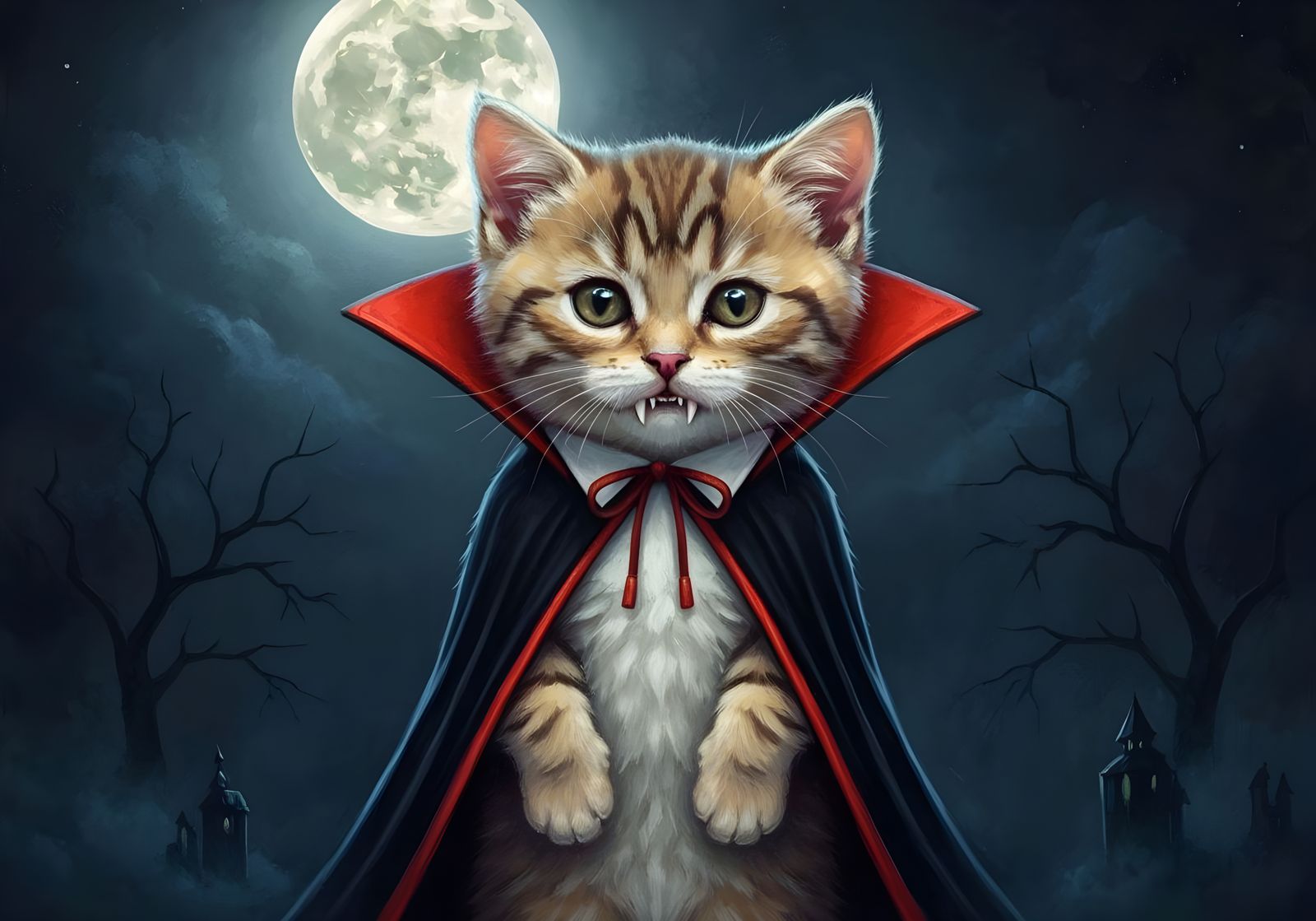 Cute Vampire Kitten in Halloween Impasto Painting