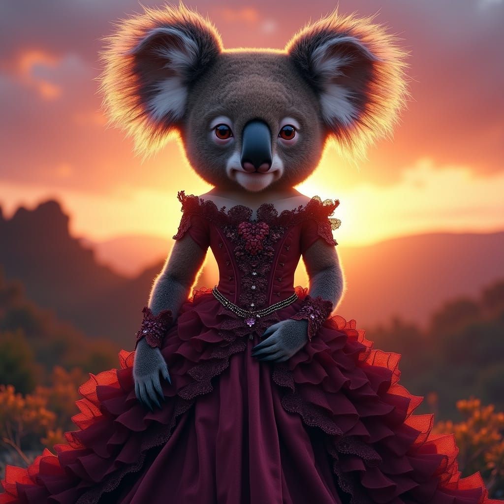 Majestic Koala in Gothic Wedding Gown Against Sunset