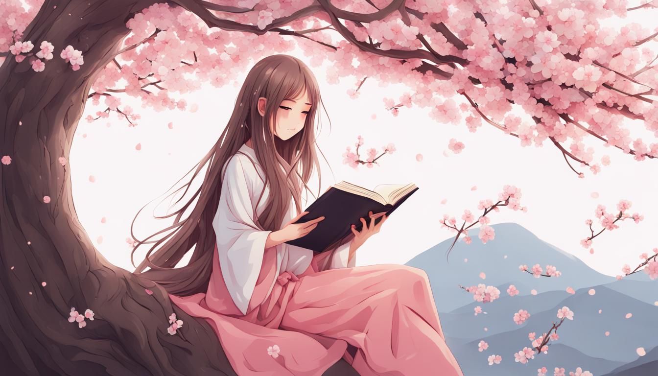 Sakura Tree and Scholar Girl Reading