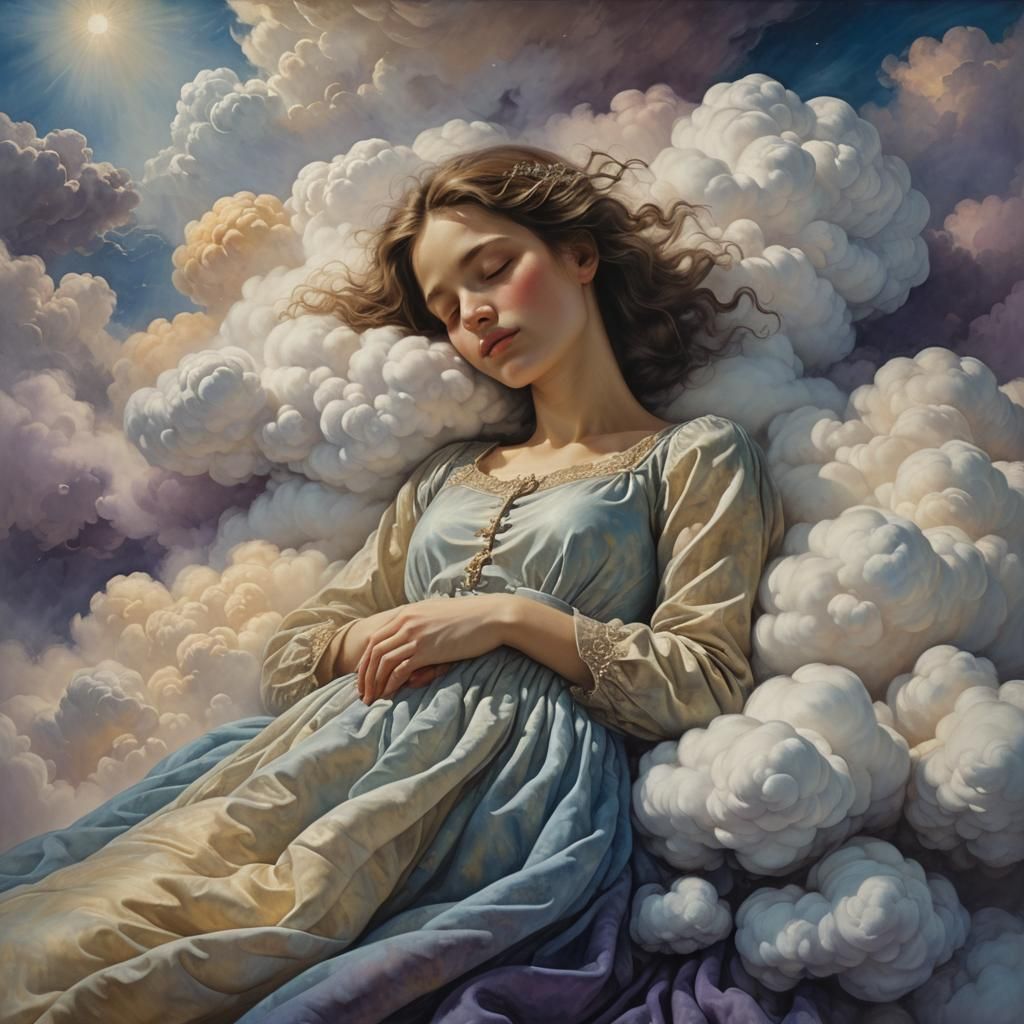 Dreamy Surrealism: Woman Sleeping on a Cloud