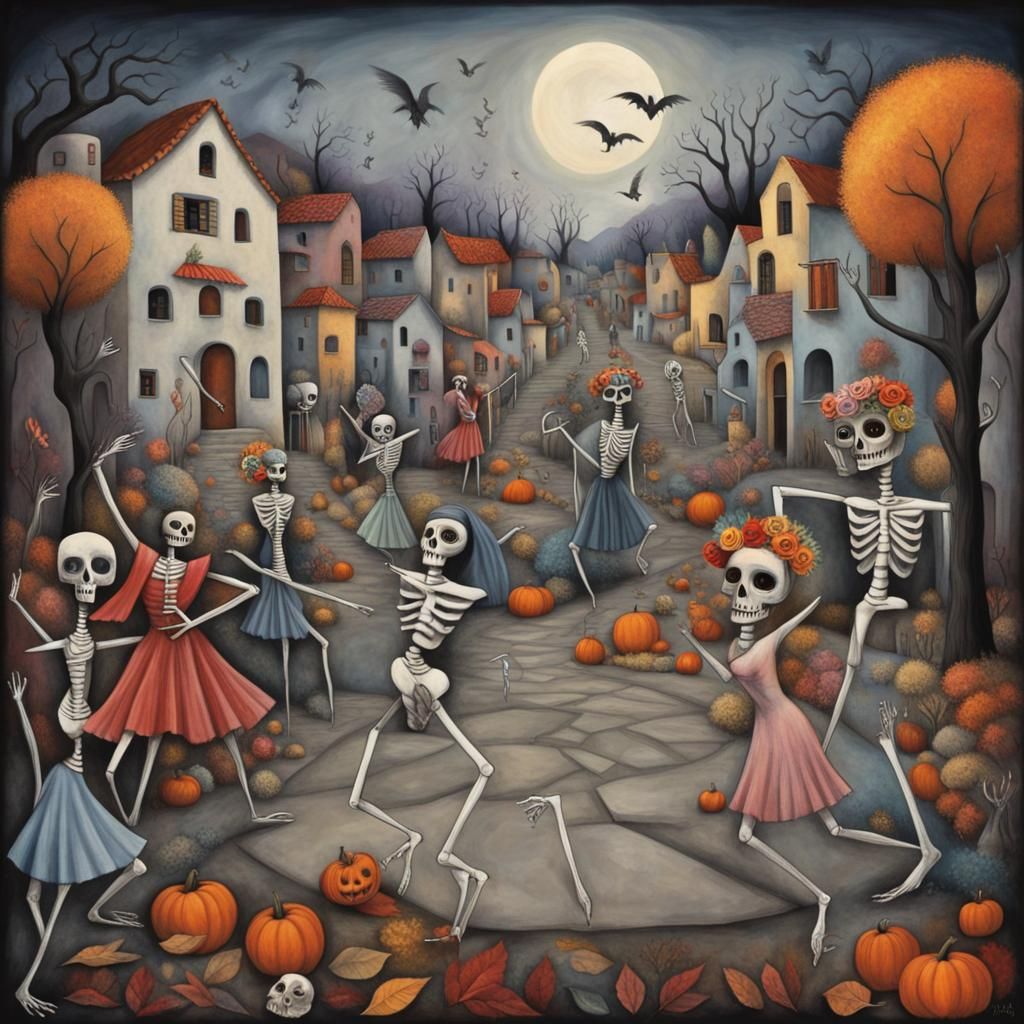 Mexican Folklorica , Dancing for the dead, dance macabre , Dia De Los Muertos Ofrenda, autumn neighborhood, Halloween...