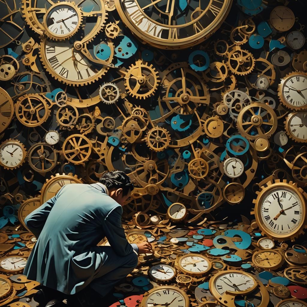 Surreal Bowing Figure in Dreamlike Broken Timepiece Landscap...