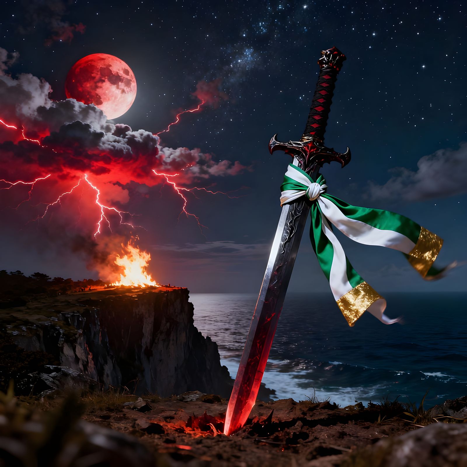 Crimson Lightning Over Sea with Blood Moon and Bonfire