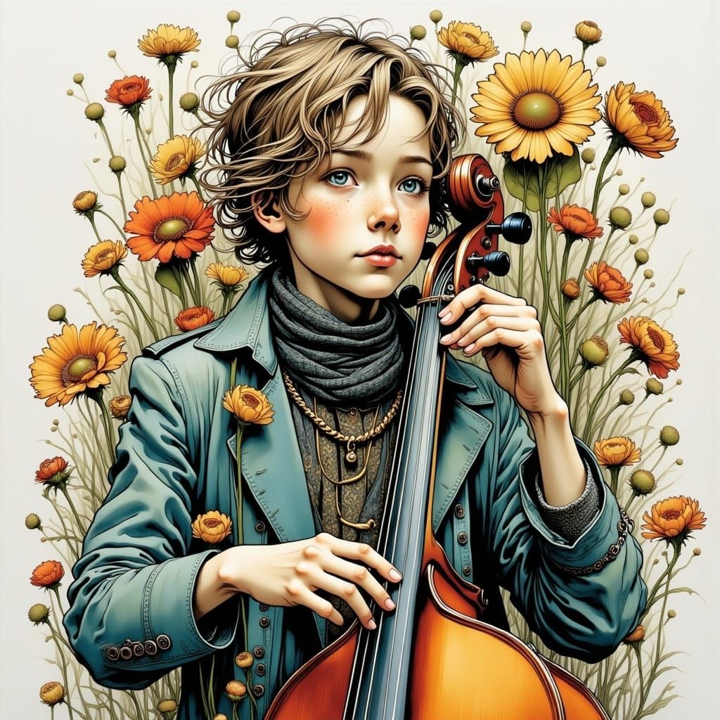 Intricate Street Musician in Detailed Style