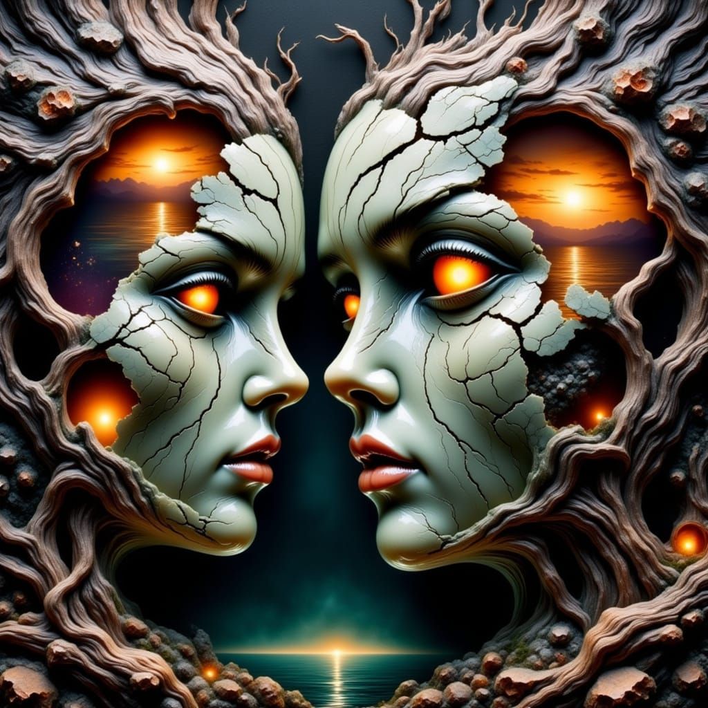 Cracked faces carved from jade.