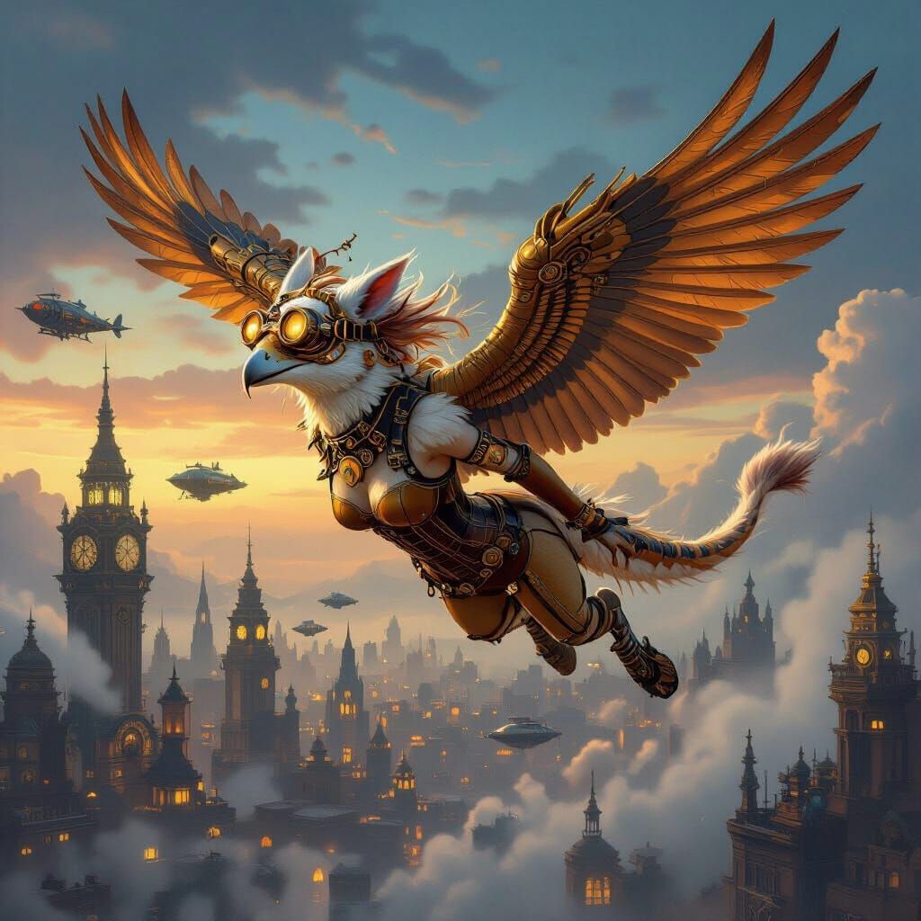 Steampunk Gryphon Soaring Over Clockwork Metropolis