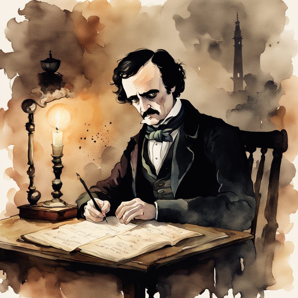 Watercolor. Edgar Allen Poe sits in a dark room, writing by candlelight