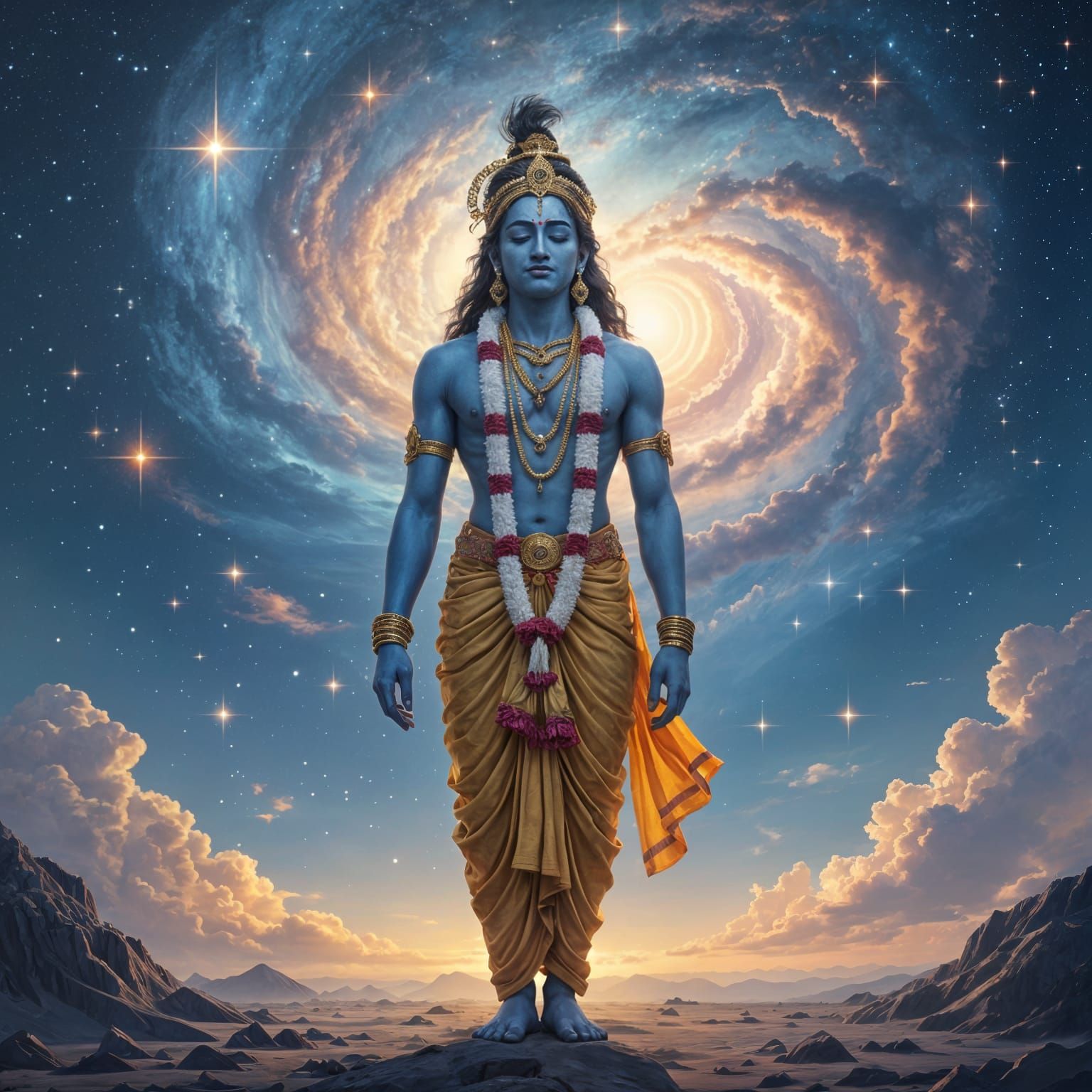 Lord Krishna Meditating in the Cosmic Universe