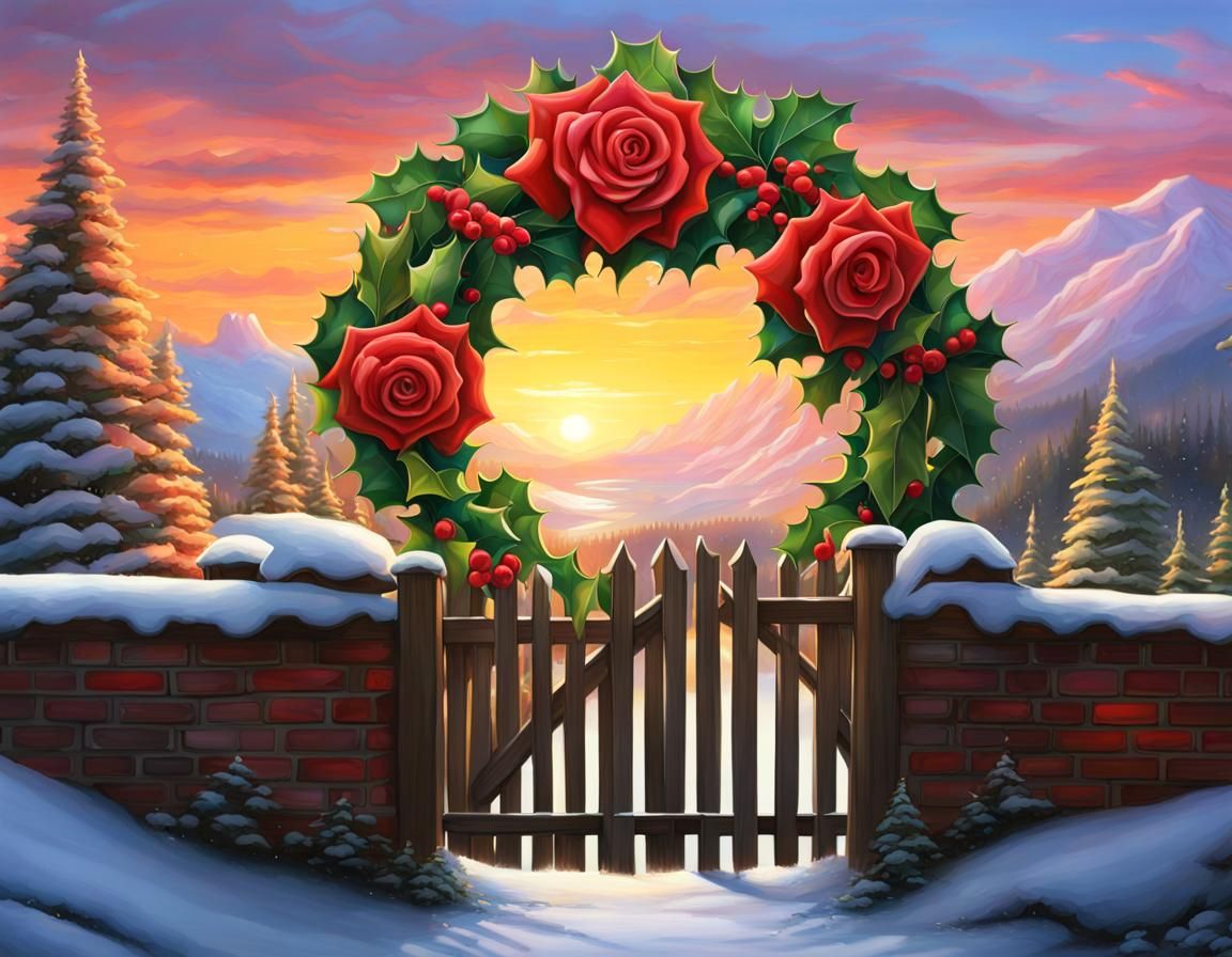 Christmas Wreath in Snowy Mountain Cottage Garden