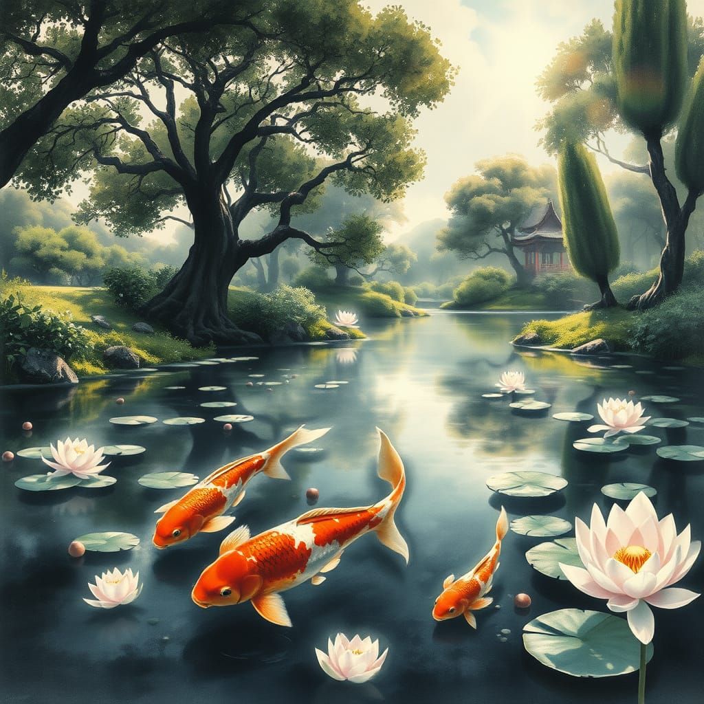 Koi Pond in Watercolor Style with Lotus Blossoms