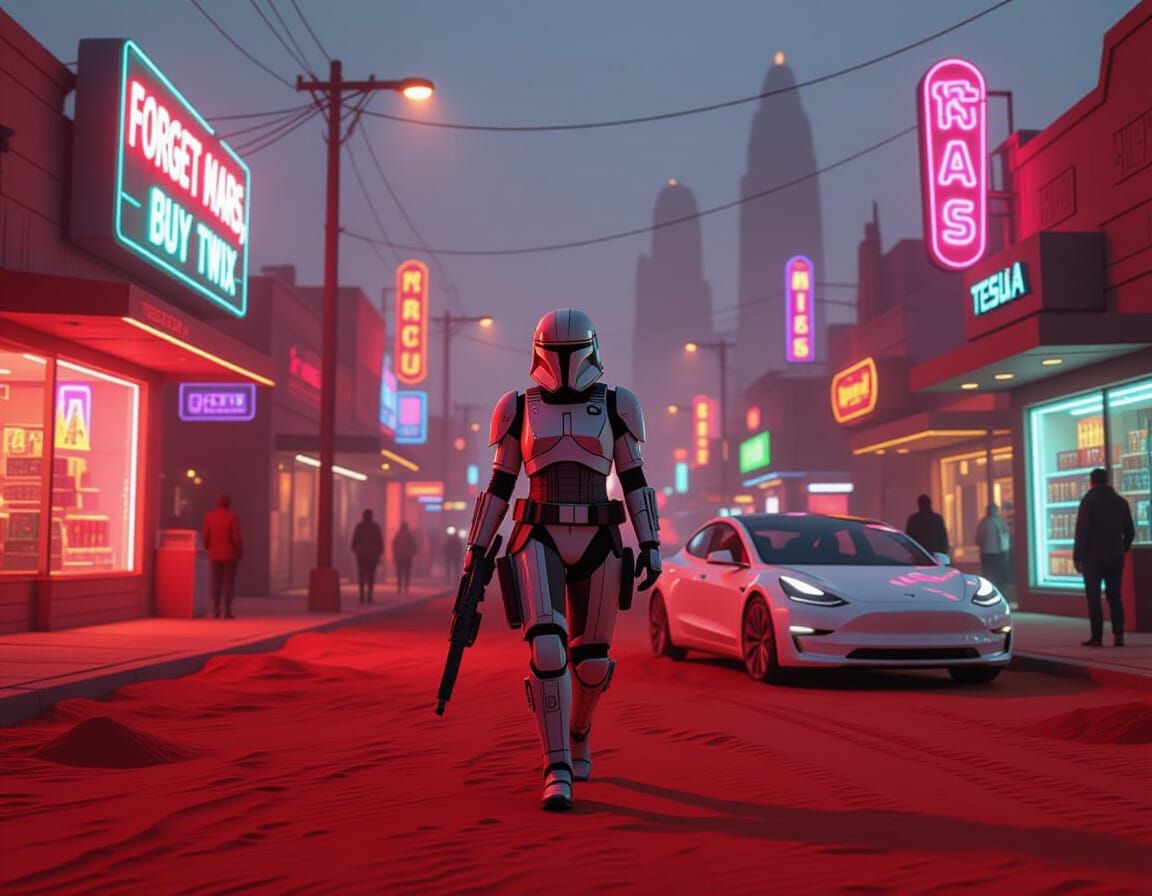 Female Space Warrior on Mars Shopping Street