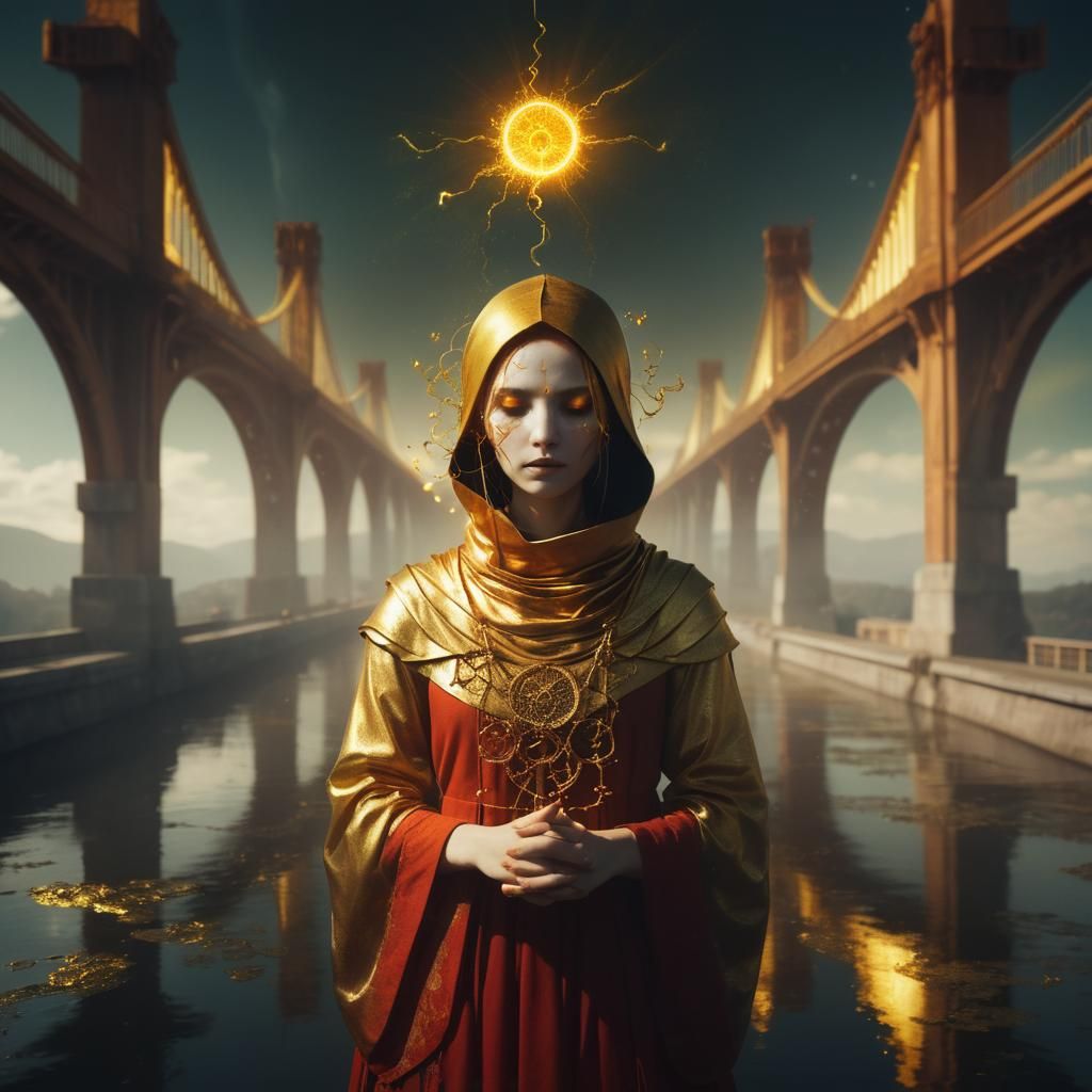 Solarpunk Bridge with Golden Light Tendrils