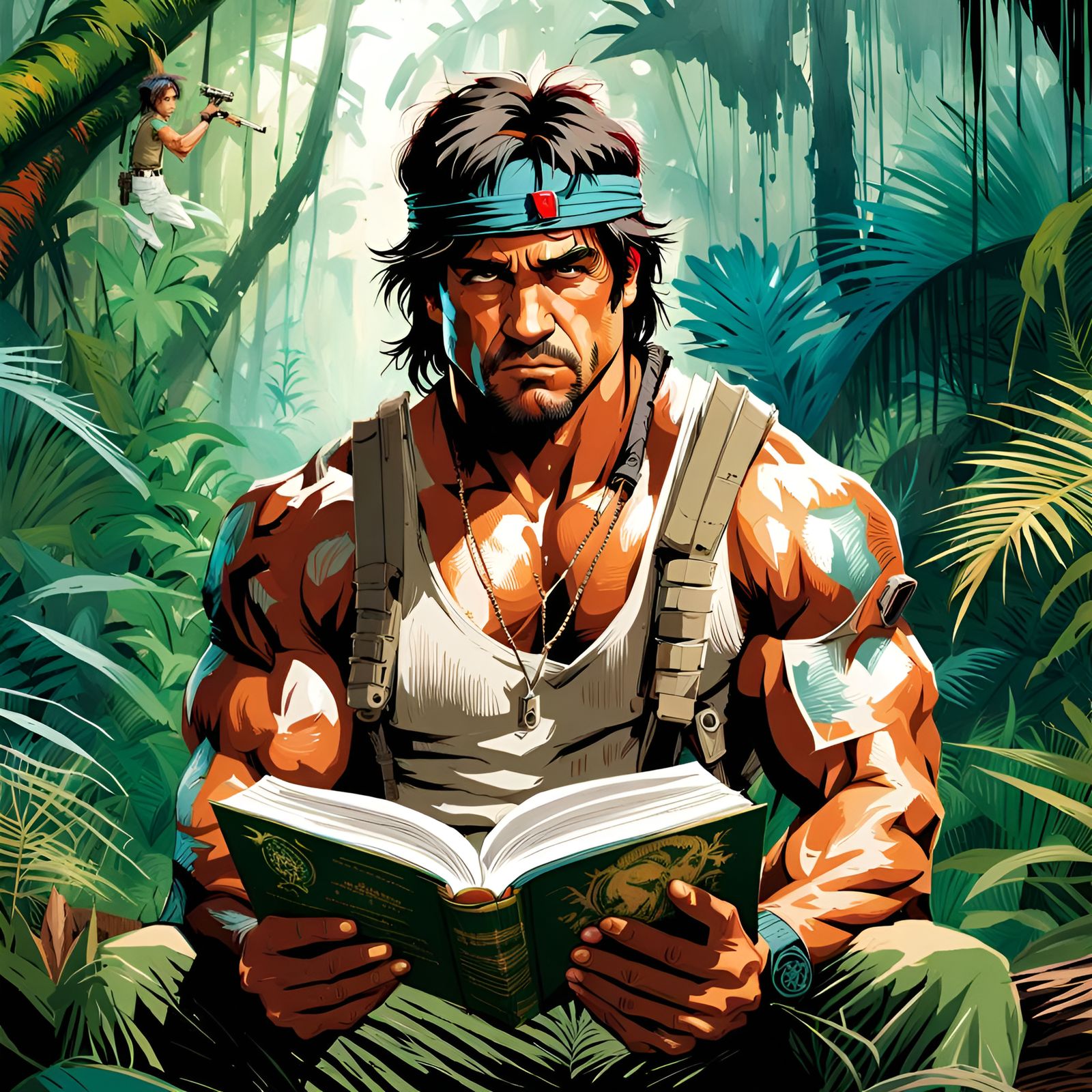 Rambo Reading a Book in Jungle Portrait
