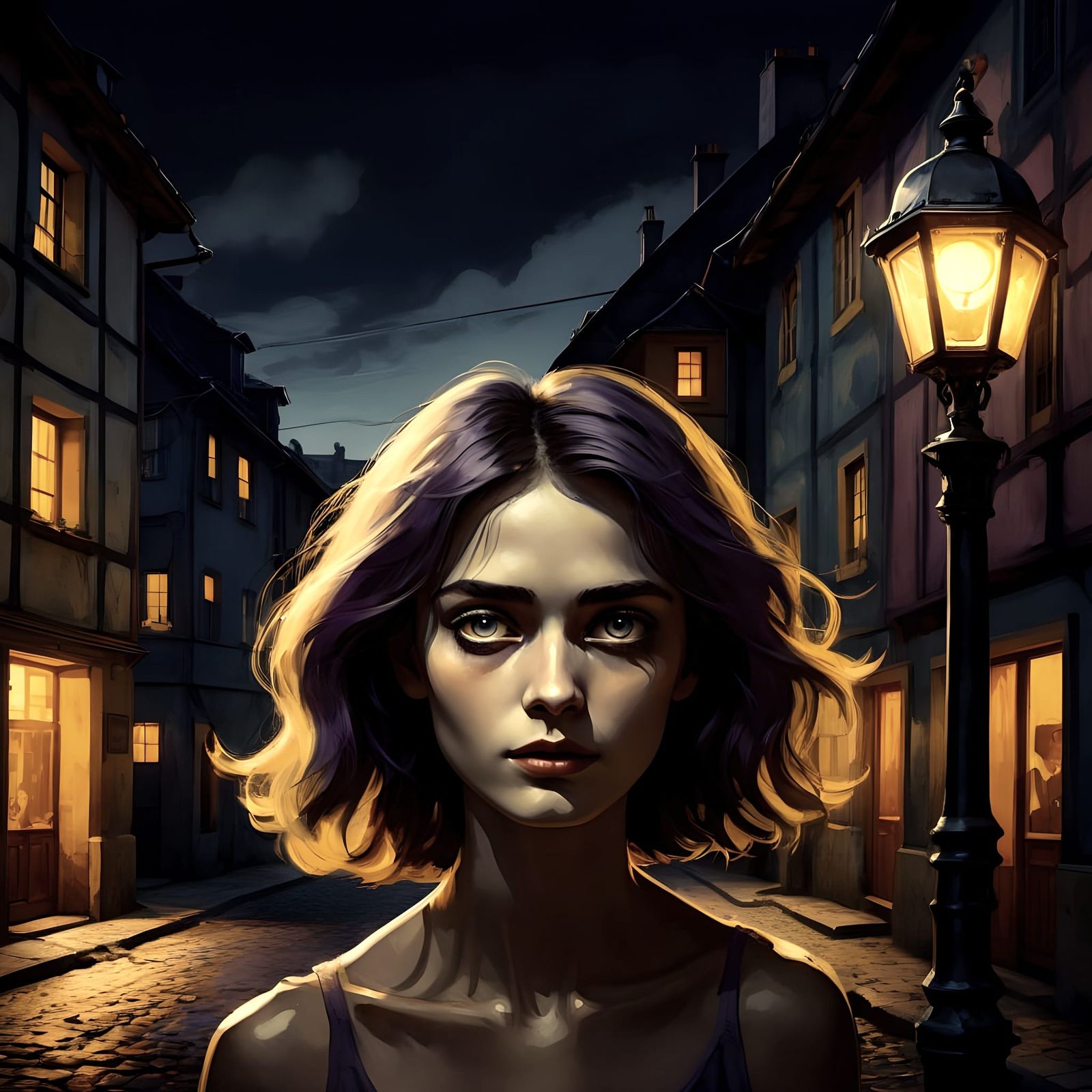 Surreal Village Scene from a 1920s Horror Film in Deep, Rich...