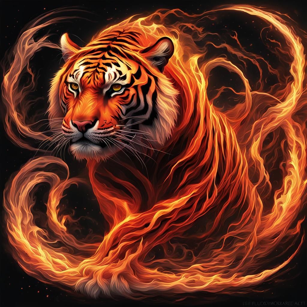 Fiery Tiger: Ethereal Flames in Dark Art Style