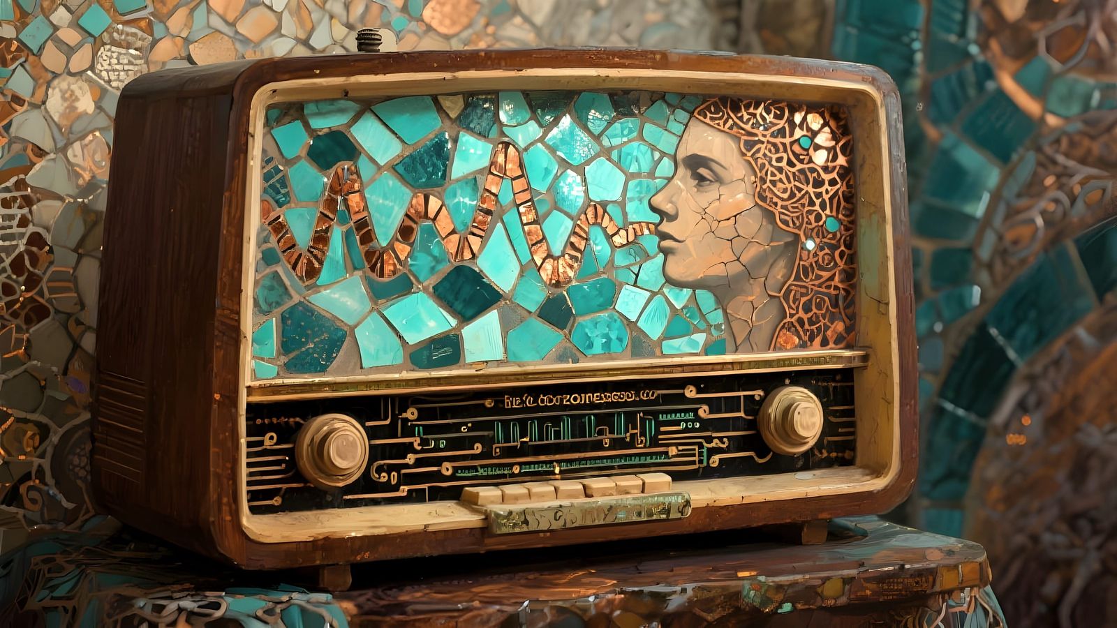 Antique Radio Confessor Whispering Static as Surreal Mosaic