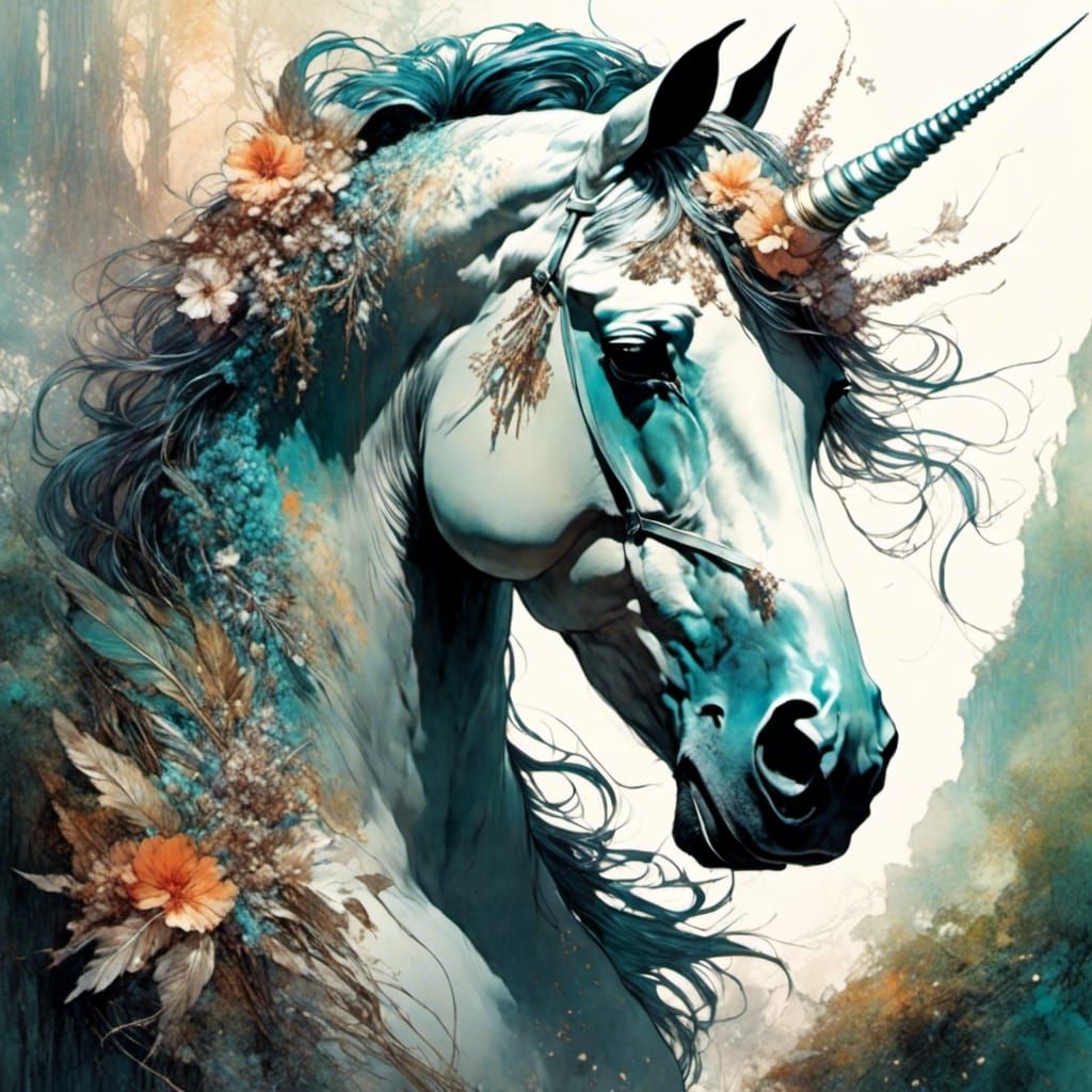 Mysterious Unicorn Portrait in Swirling Forest