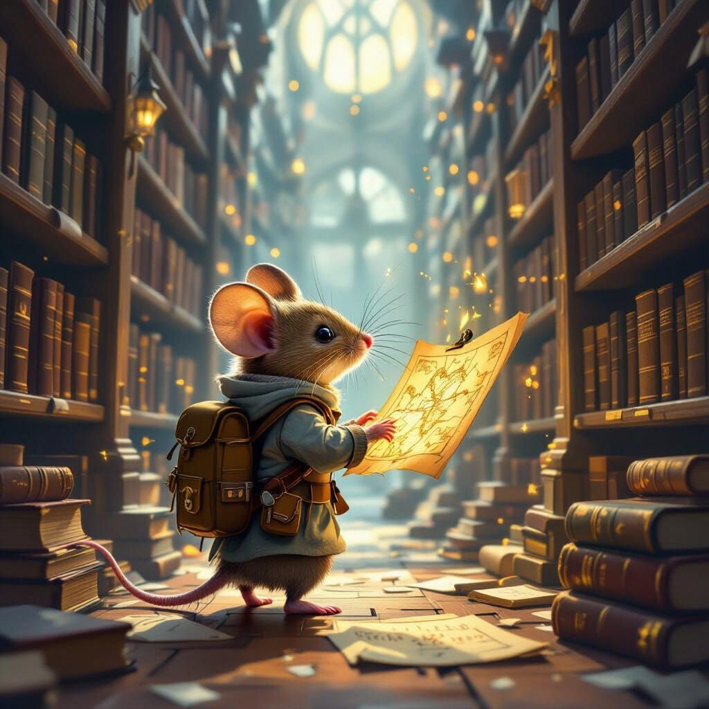 A whimsical scene of a tiny mouse navigating a giant, antique library, shelves towering like skyscrapers filled with dus...