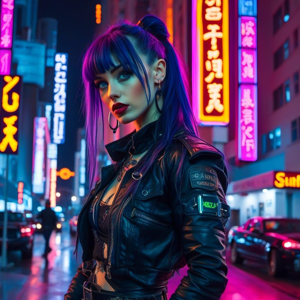 Cyberpunk Girl in Neon Cityscape