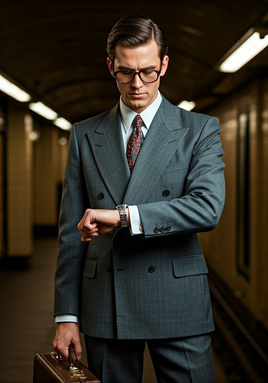 Dashing 80s Businessman in a Flash of Subway Chaos