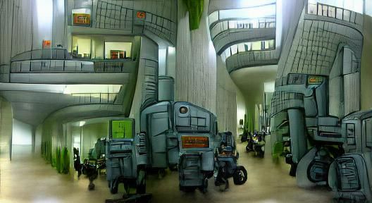 Sci-Fi Factory Hallway with Robots in Brutalist Style