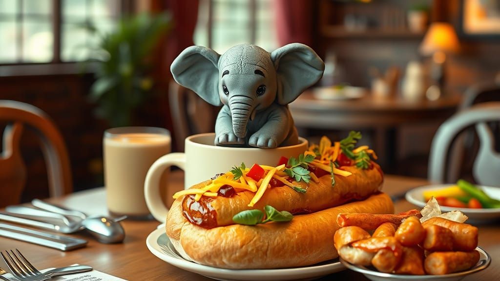 Miniature Elephant Sits atop a Gourmet Hotdog