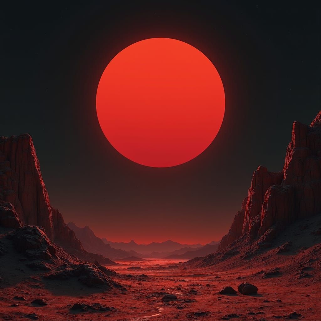 Dystopian Barren Landscape with Red Sun, Retro-Futurism