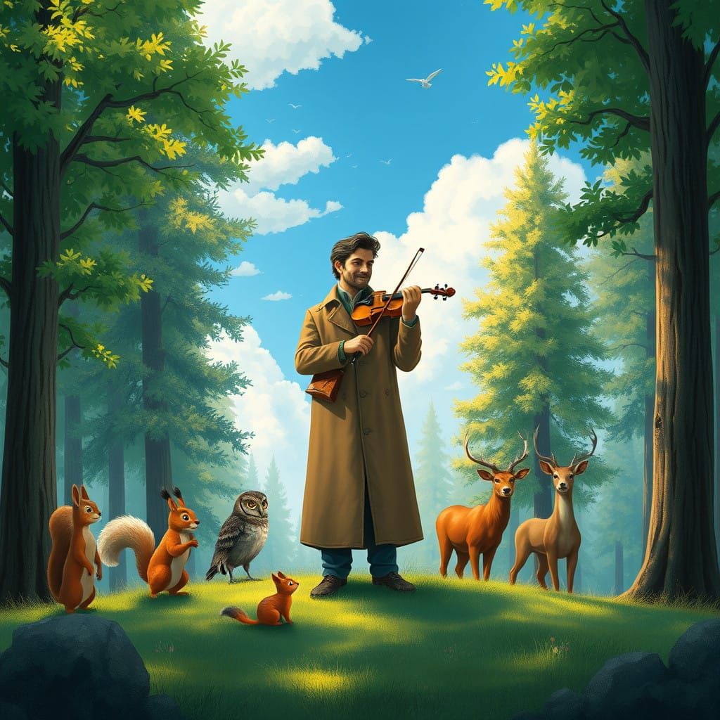 Man Plays Violin in Forest Clearing, Enchanted by Wild Anima...
