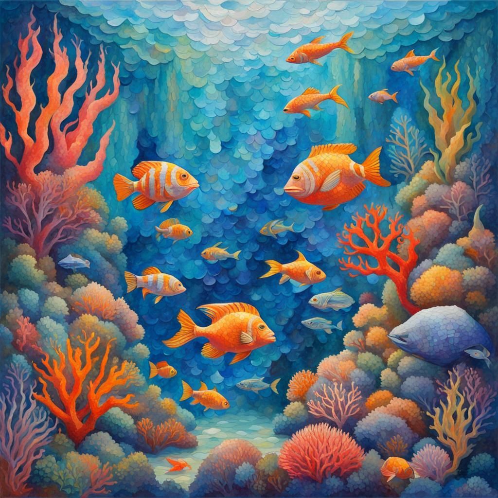 Vibrant Marine Life Mosaic in Gouache Style