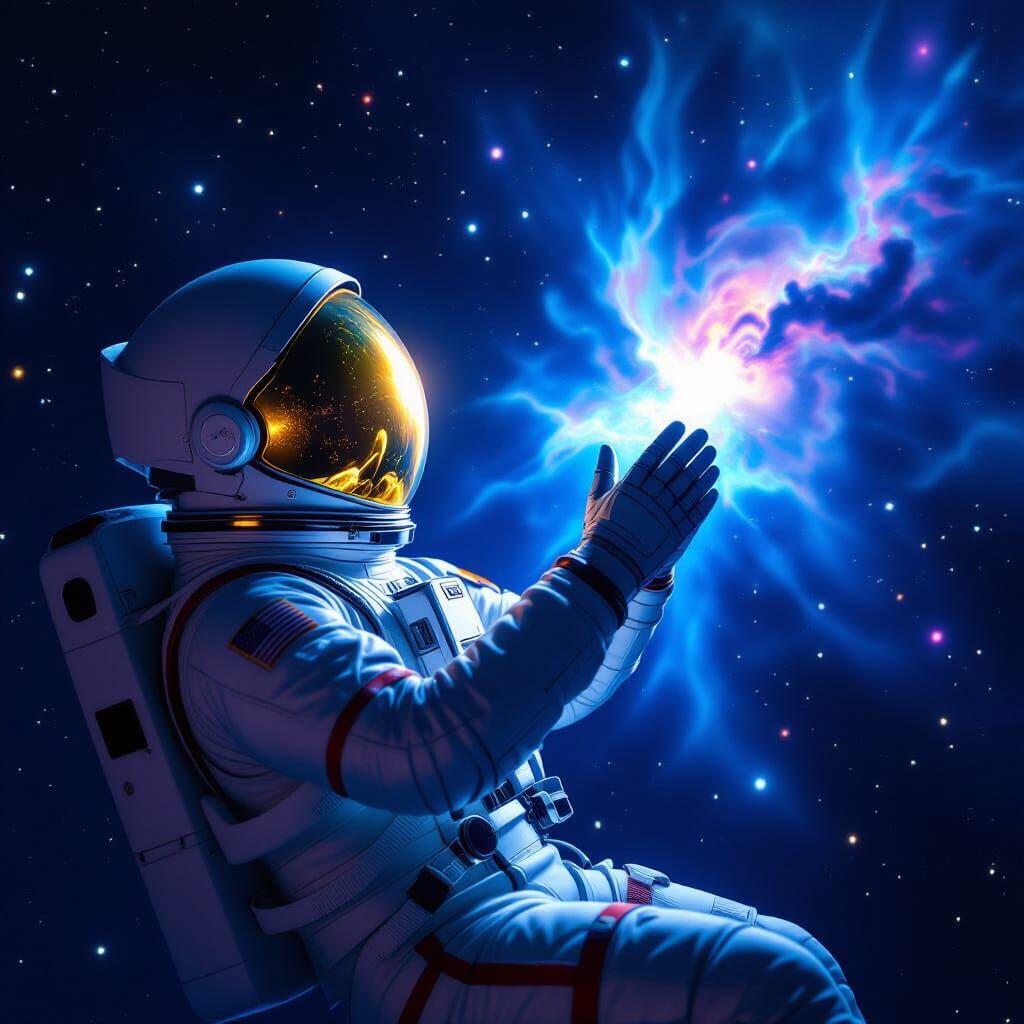 Astronaut Reaching for Nebula in Hyperrealistic Style